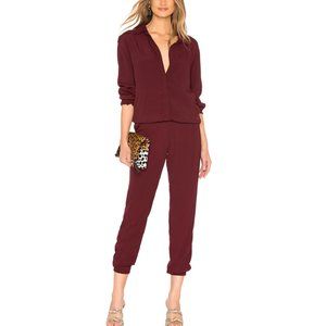 MONROW Crepe Long Sleeve Jumpsuit in Bordeaux Size Large